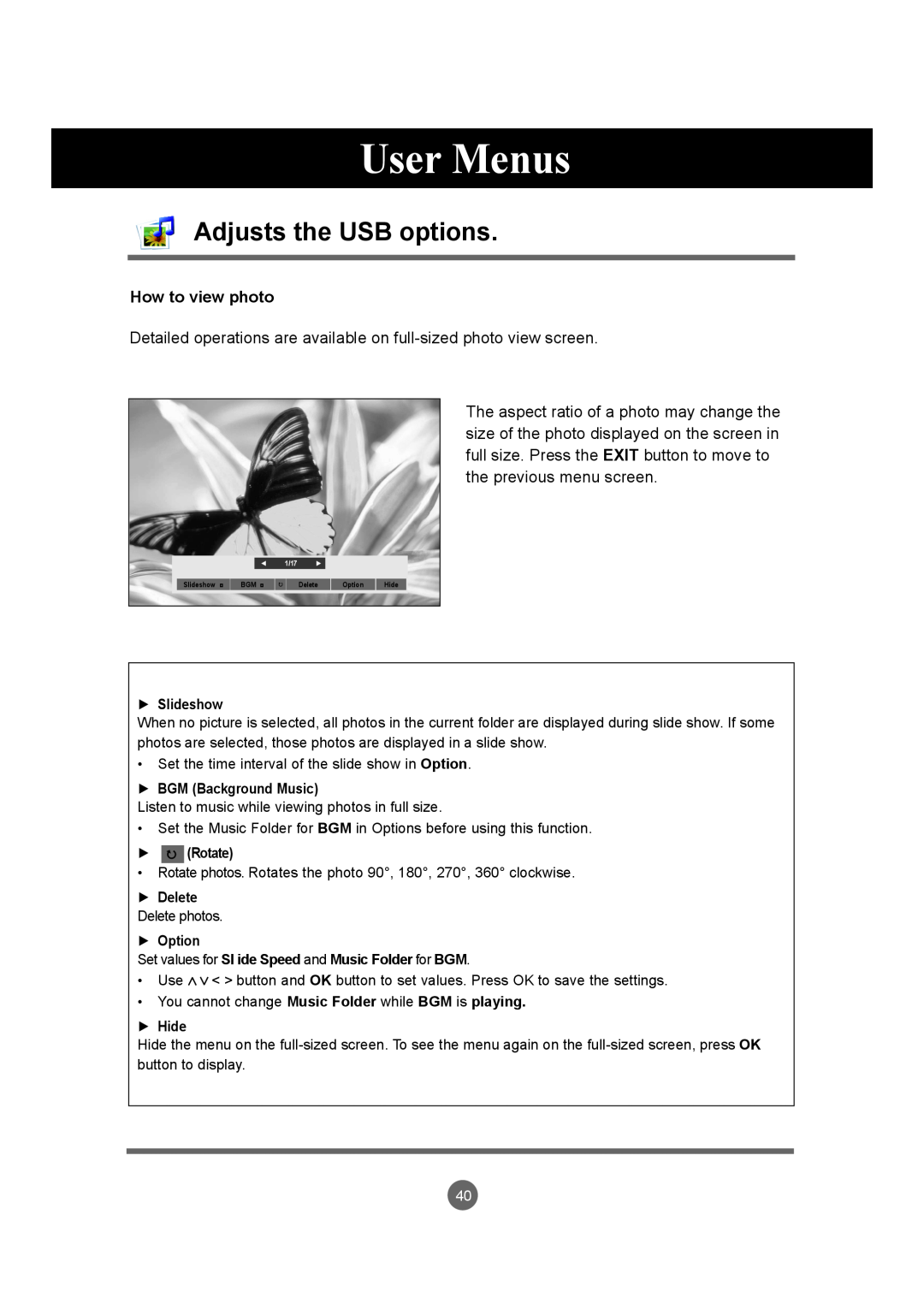 LG Electronics M4720C User Menus, Adjusts the USB options, How to view photo, Slideshow, BGM Background Music, Rotate 