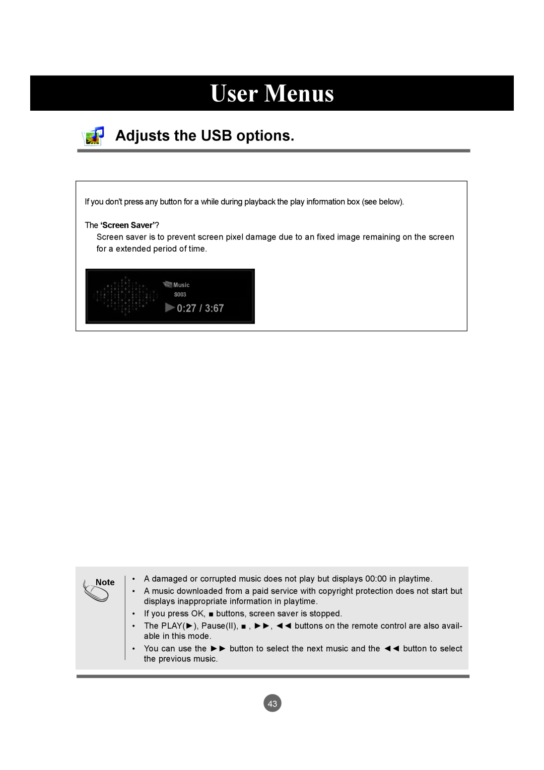 LG Electronics M5520C, M4720C owner manual User Menus, Adjusts the USB options, The ‘Screen Saver’? 
