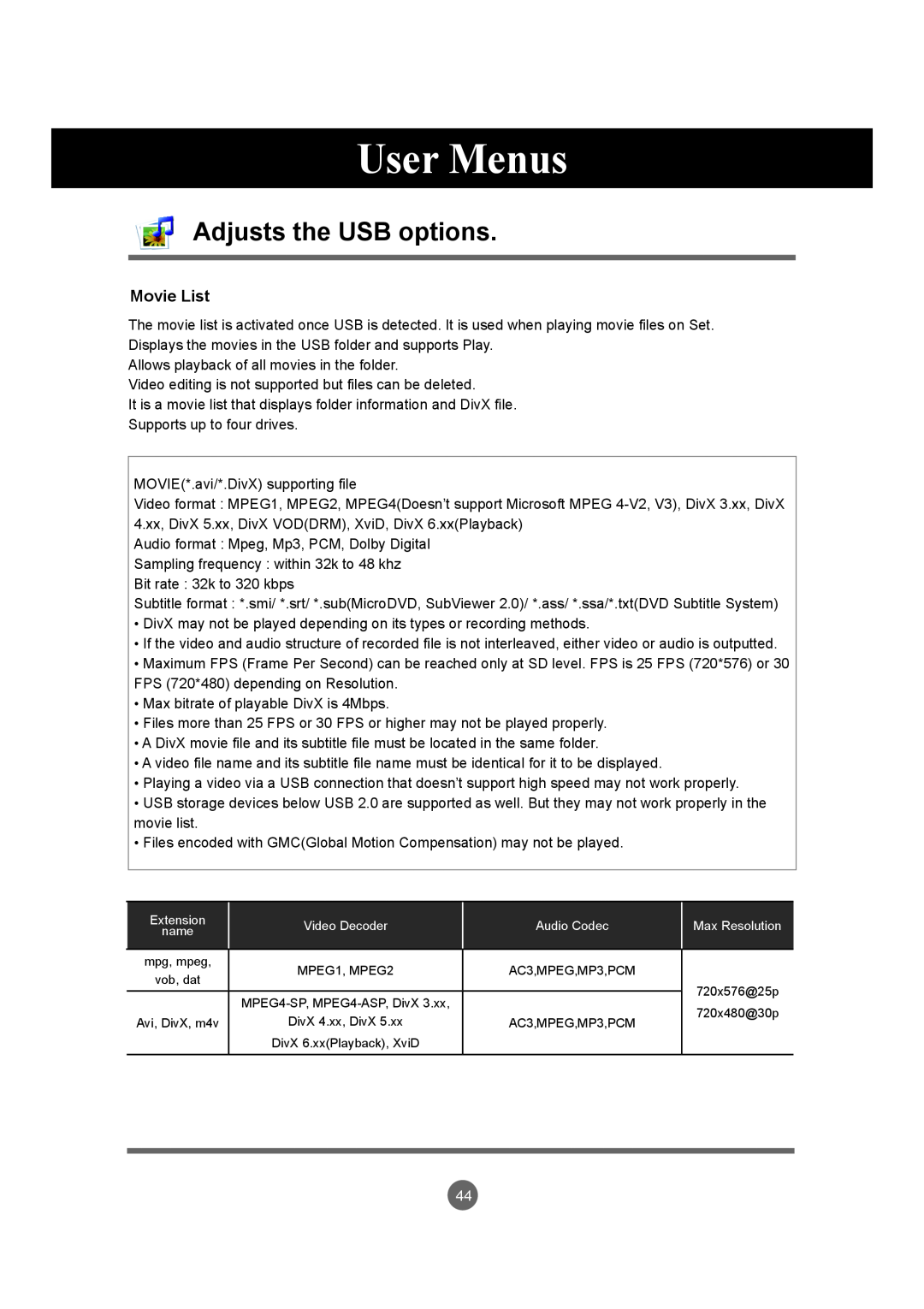 LG Electronics M4720C, M5520C owner manual User Menus, Adjusts the USB options, Movie List 