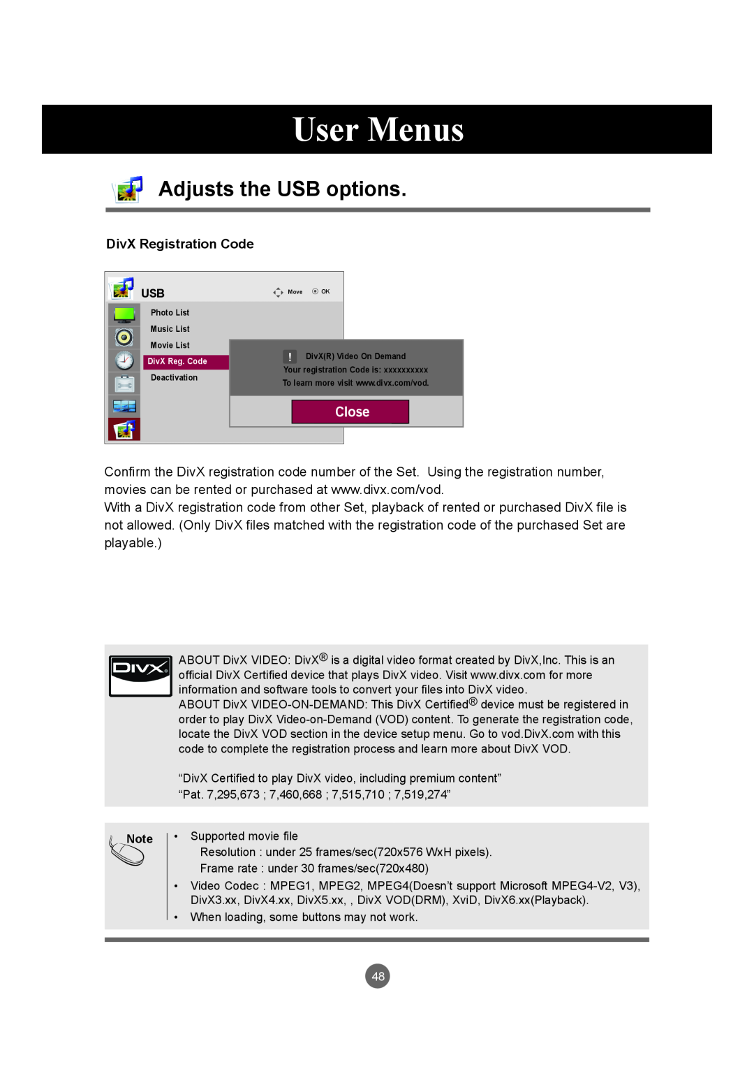 LG Electronics M4720C, M5520C owner manual User Menus, Adjusts the USB options, Close, DivX Registration Code 
