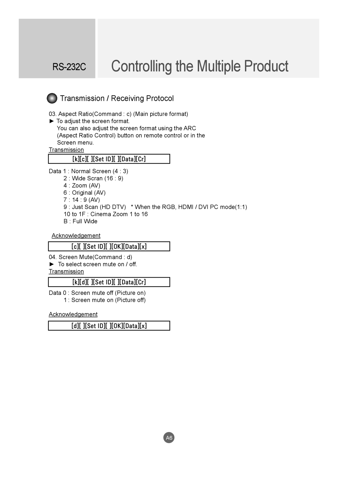 LG Electronics M4720C, M5520C owner manual Controlling the Multiple Product, RS-232C, Transmission / Receiving Protocol 