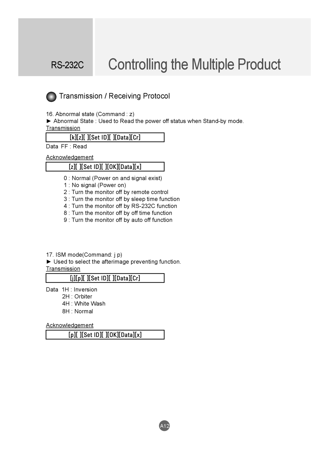 LG Electronics M4720C, M5520C owner manual Controlling the Multiple Product, RS-232C, Transmission / Receiving Protocol 