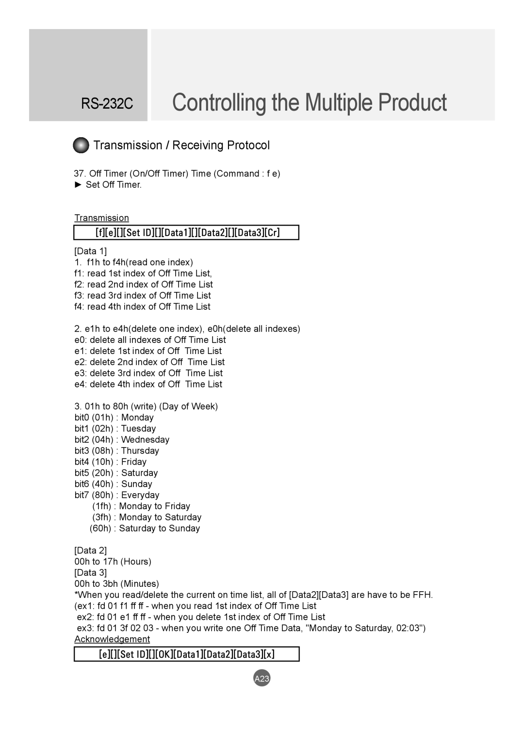 LG Electronics M5520C, M4720C owner manual Controlling the Multiple Product, RS-232C, Transmission / Receiving Protocol 