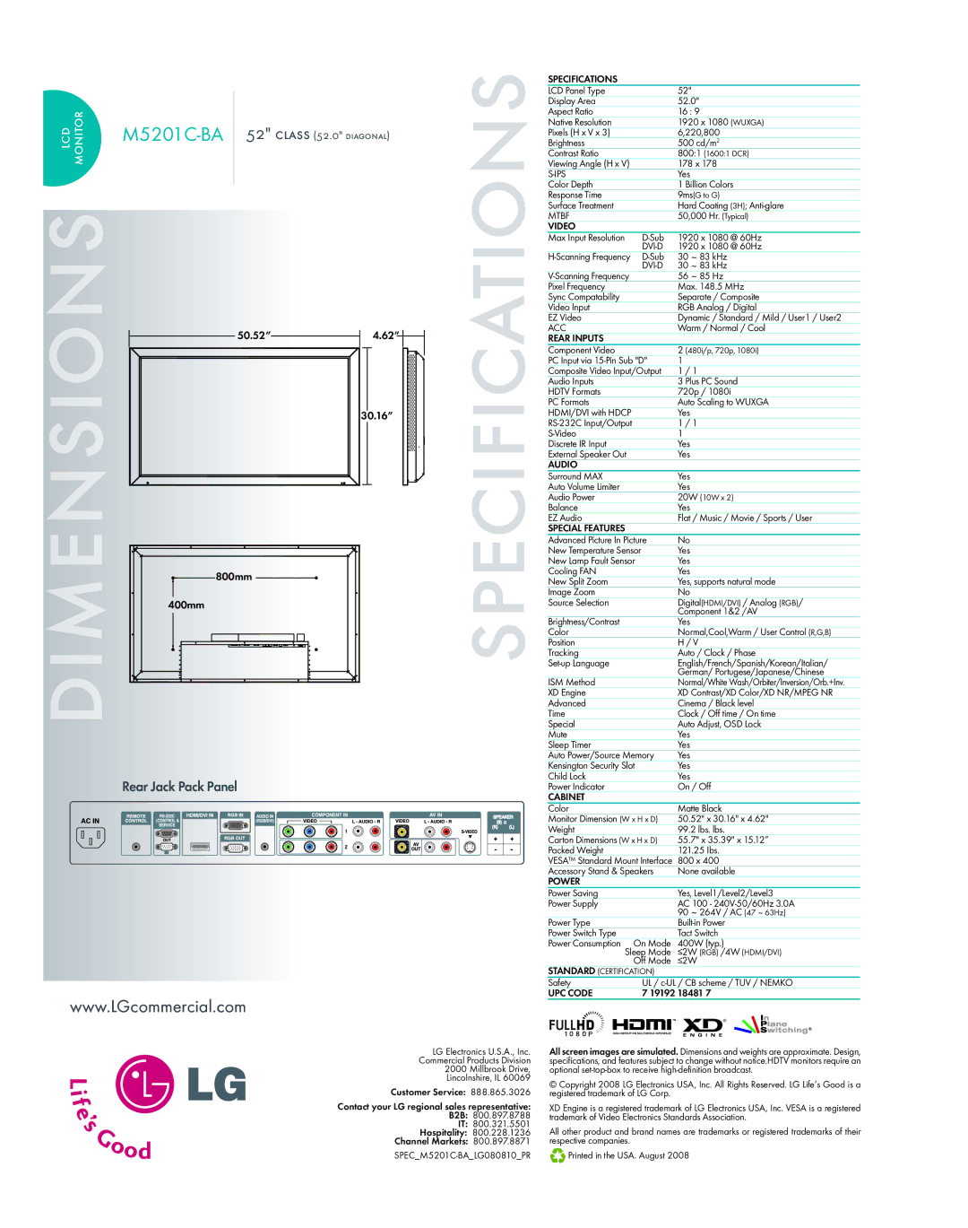 LG Electronics M5201C-BA warranty Specifications, Video, Rear Inputs, Audio, Cabinet, Power, UPC Code 