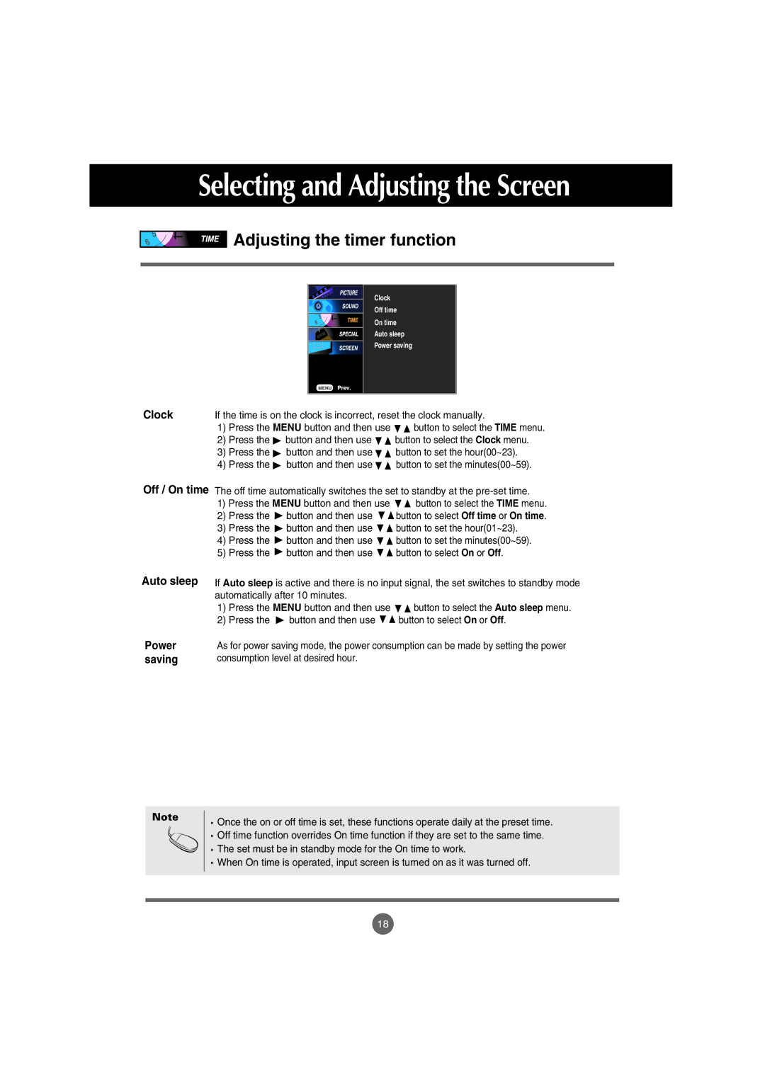 LG Electronics M5201Cs manual Adjusting the timer function, Clock, Off / On time Auto sleep, Power, Saving 