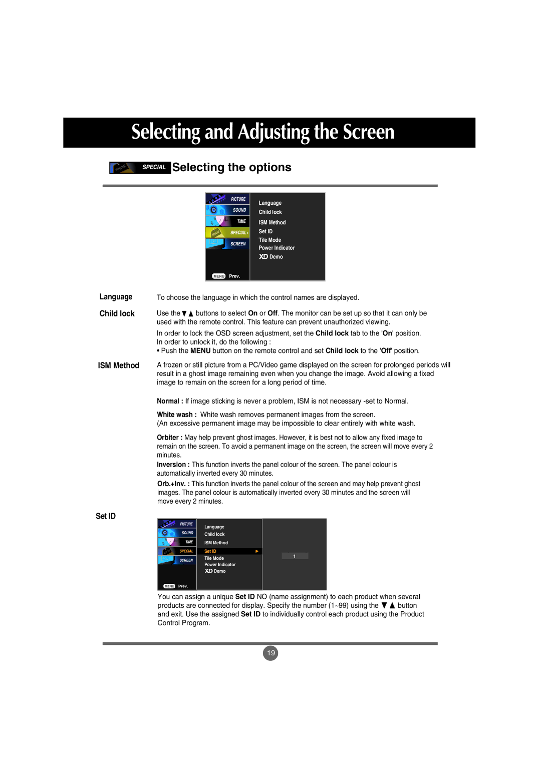 LG Electronics M5201Cs manual Selecting the options, ISM Method Set ID, Language Child lock 