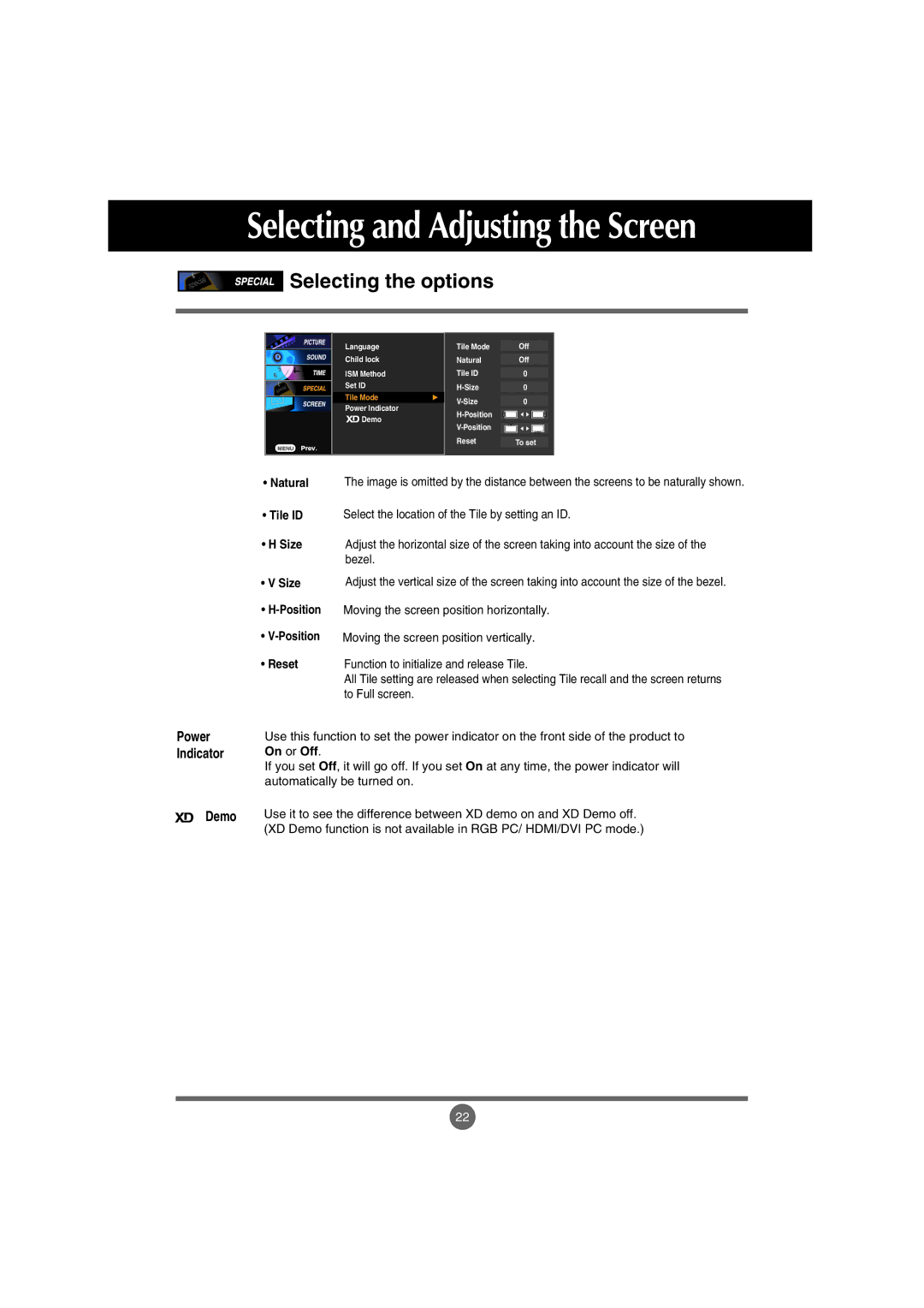 LG Electronics M5201Cs manual Power Indicator Demo, Natural, Tile ID, Size, Reset 