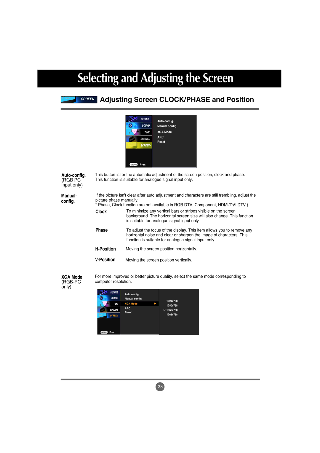 LG Electronics M5201Cs manual Adjusting Screen CLOCK/PHASE and Position, Auto-config, Phase, XGA Mode 