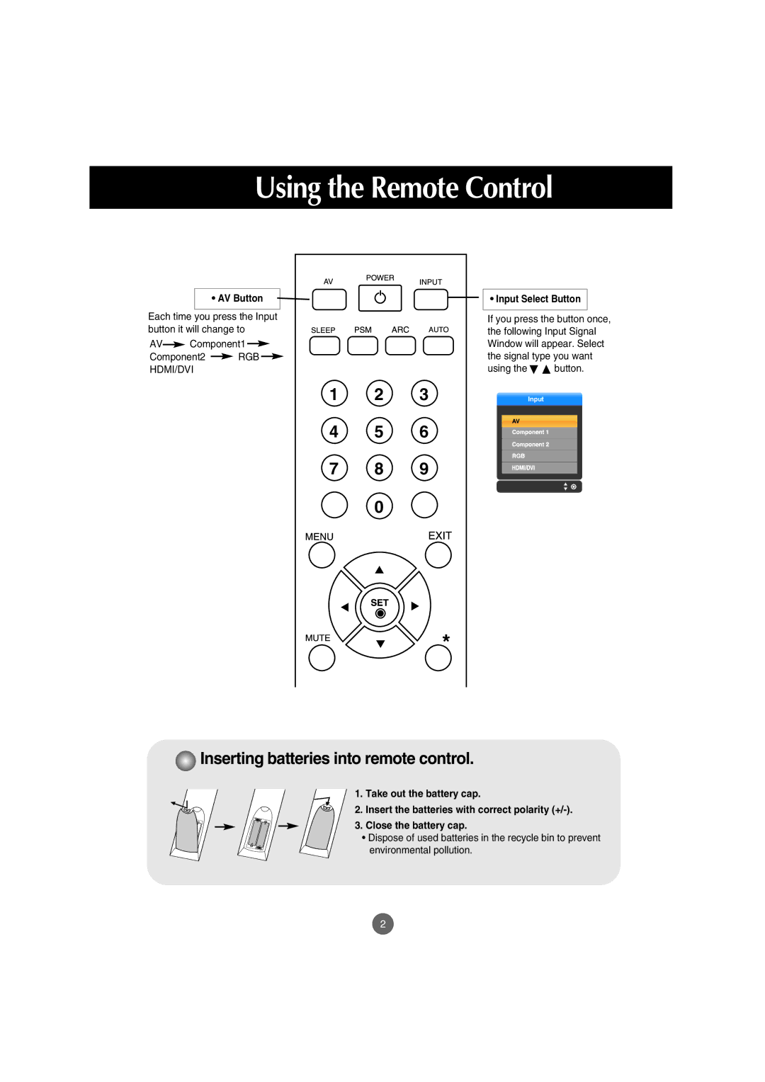 LG Electronics M5201Cs manual Inserting batteries into remote control 