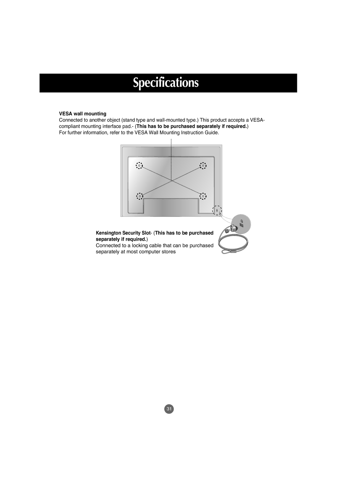 LG Electronics M5201Cs manual Vesa wall mounting 