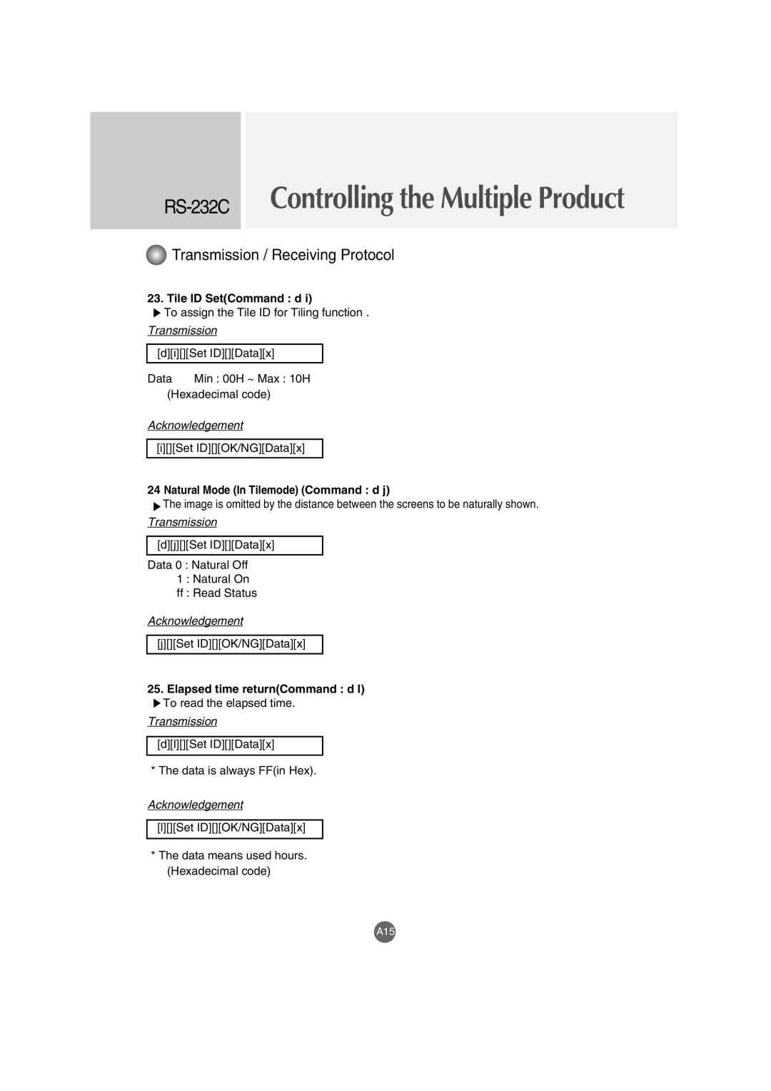 LG Electronics M5201Cs manual Tile ID SetCommand d, Natural Mode In Tilemode Command d j, Elapsed time returnCommand d l 