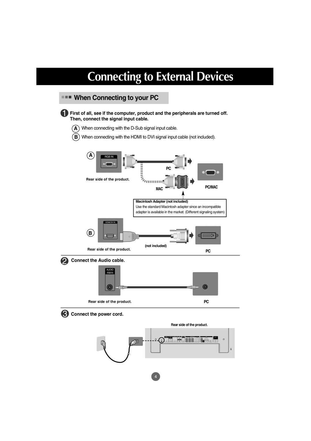 LG Electronics M5201Cs manual When Connecting to your PC, Connect the Audio cable, Connect the power cord 