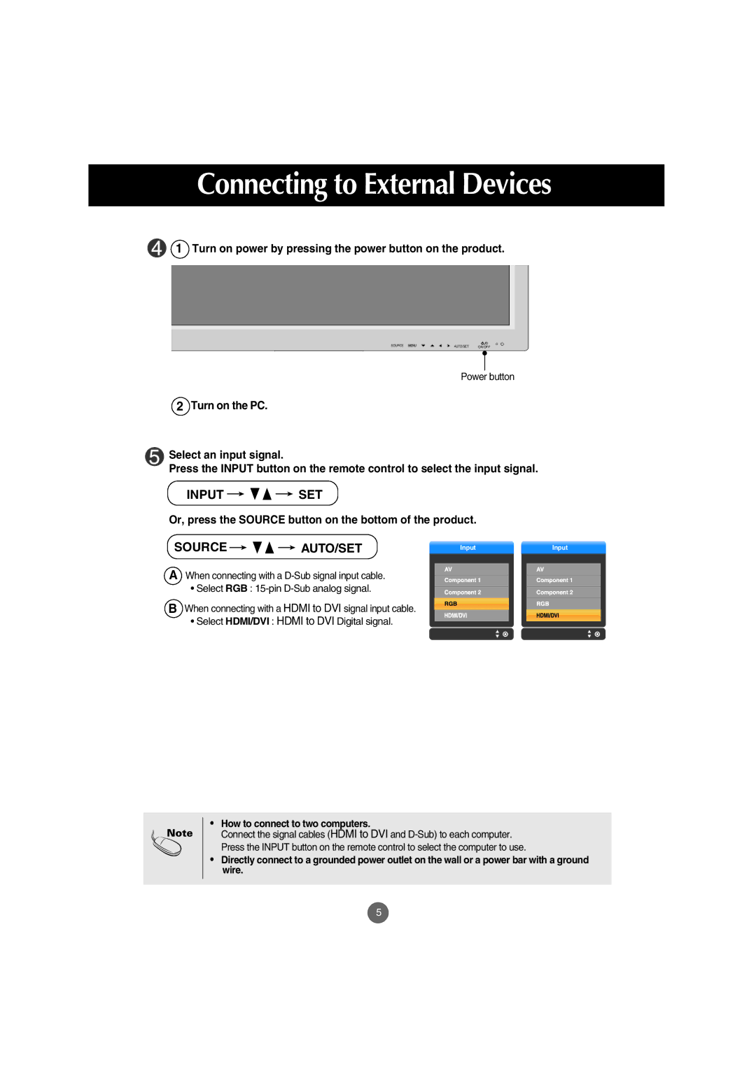 LG Electronics M5201Cs manual Turn on power by pressing the power button on the product, How to connect to two computers 