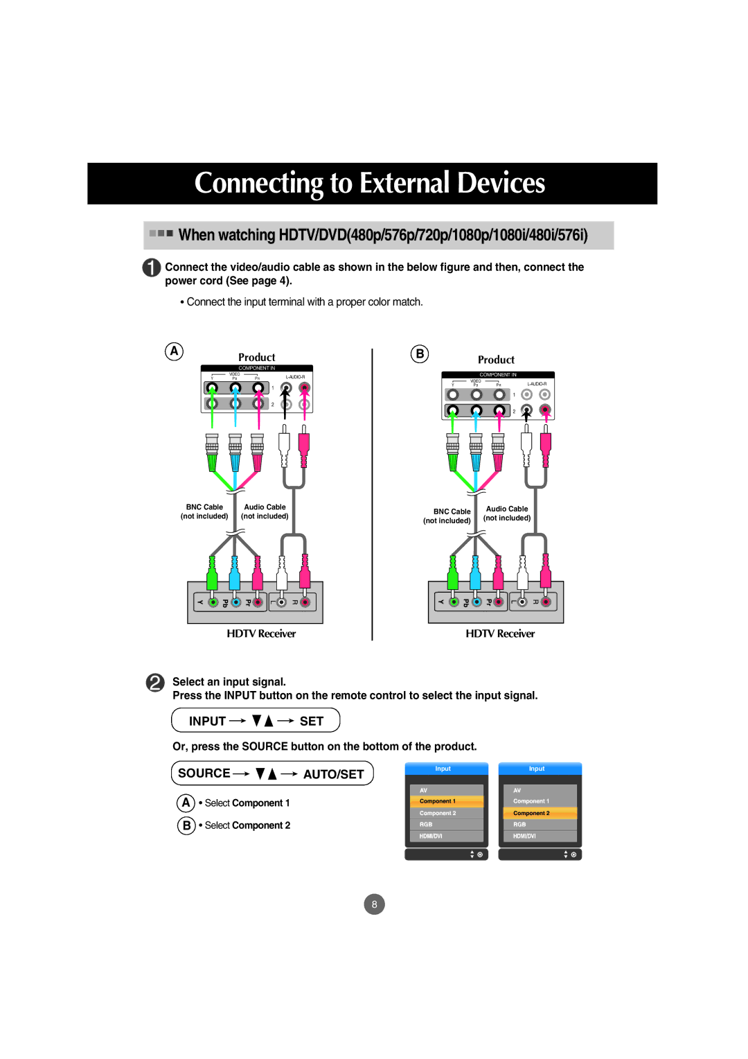 LG Electronics M5201Cs manual When watching HDTV/DVD480p/576p/720p/1080p/1080i/480i/576i, Select Component 