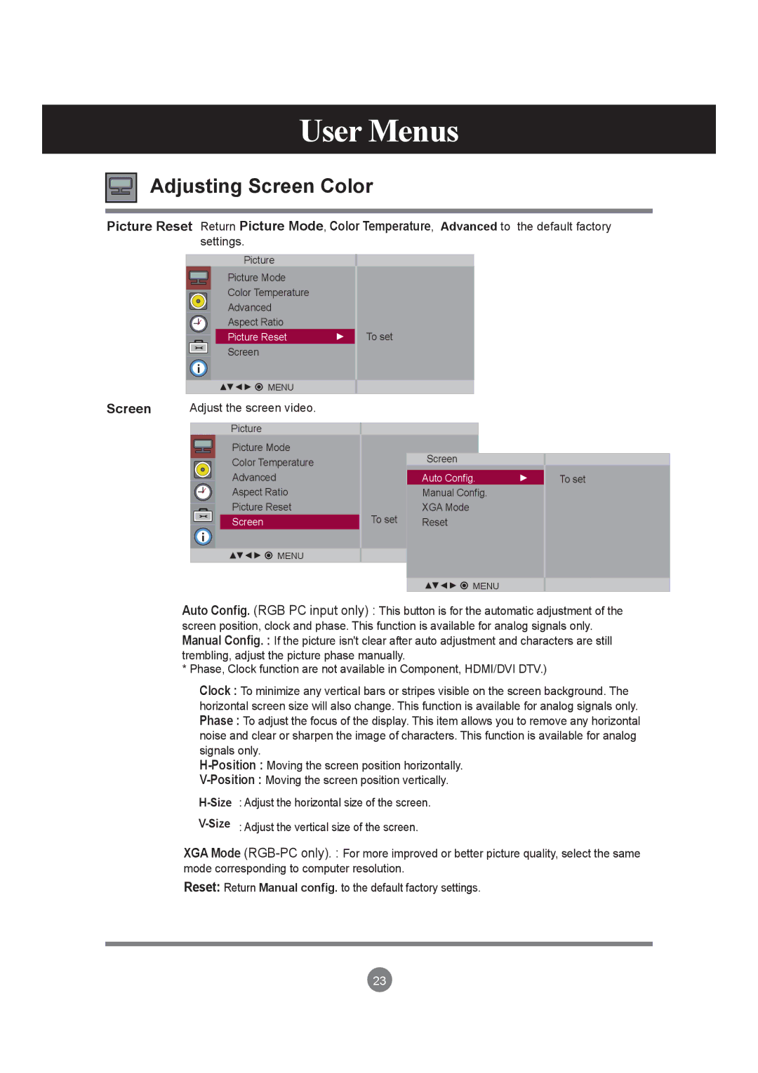 LG Electronics M6503C manual Screen, Adjust the screen video 