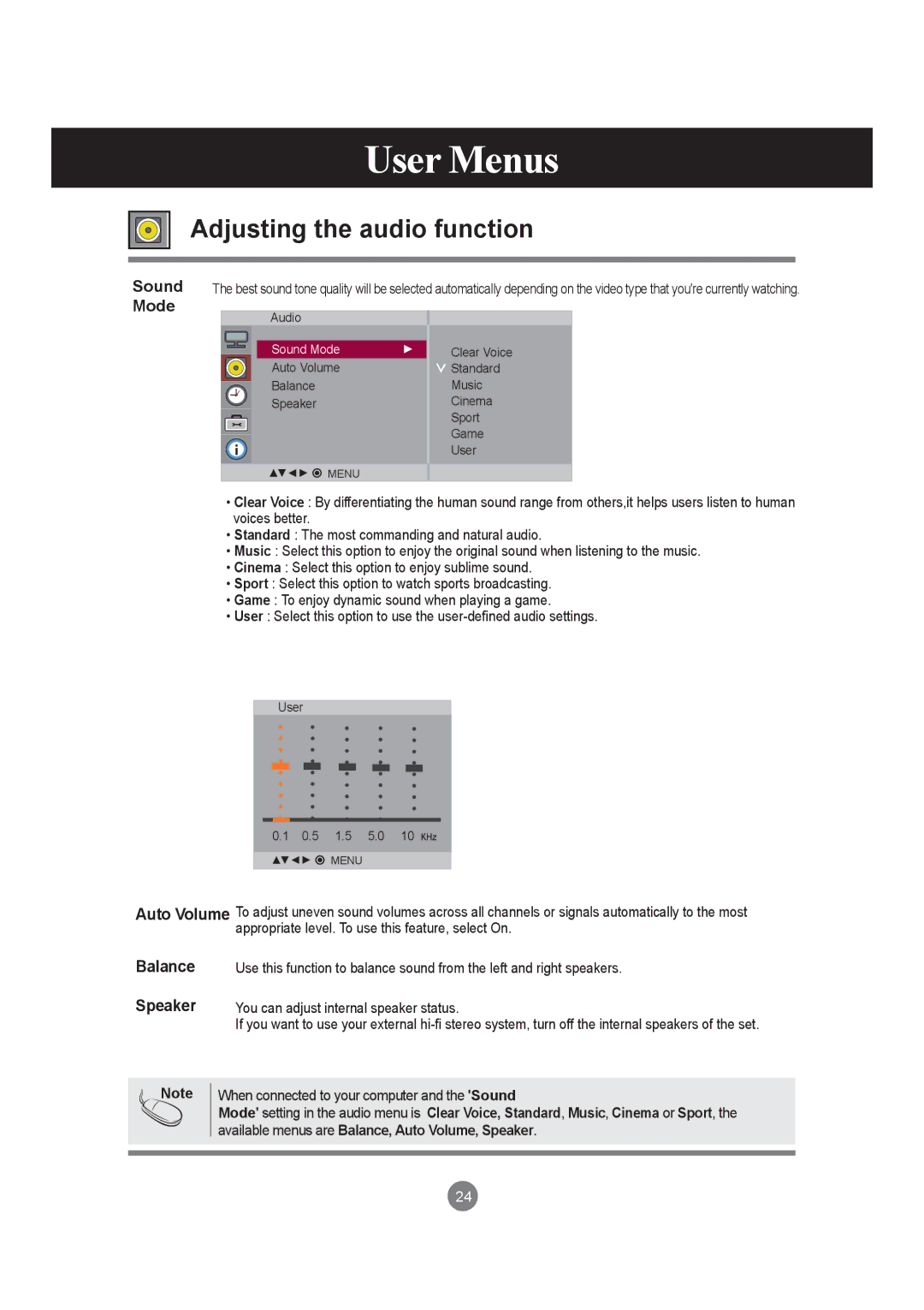 LG Electronics M6503C manual Adjusting the audio function, Sound Mode, Auto Volume Balance Speaker 