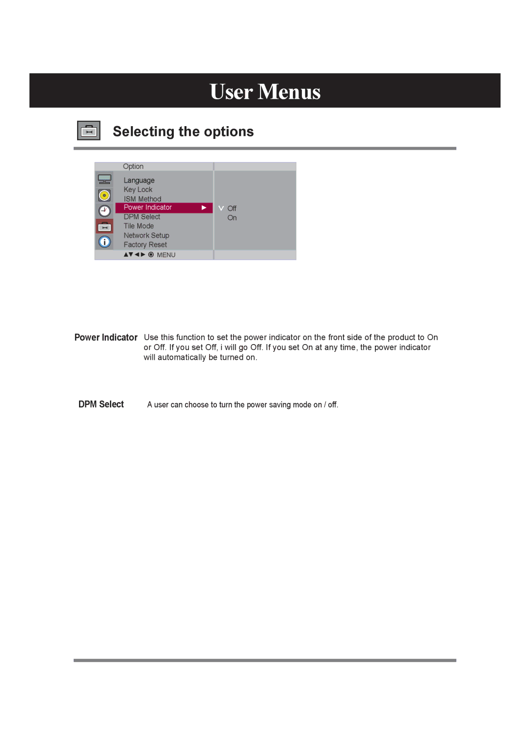 LG Electronics M6503C manual Selecting the options 