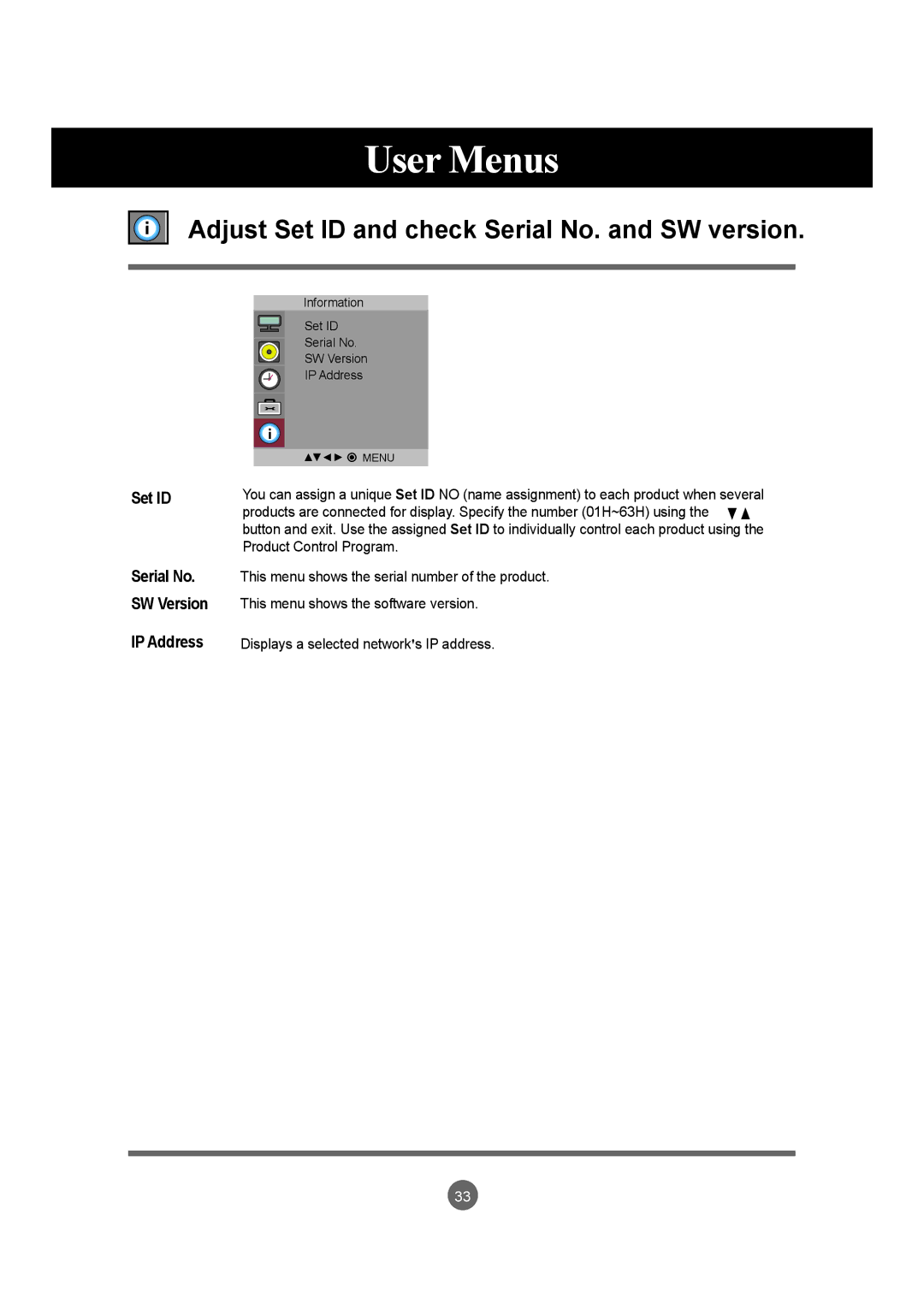 LG Electronics M6503C manual Adjust Set ID and check Serial No. and SW version, IP Address 