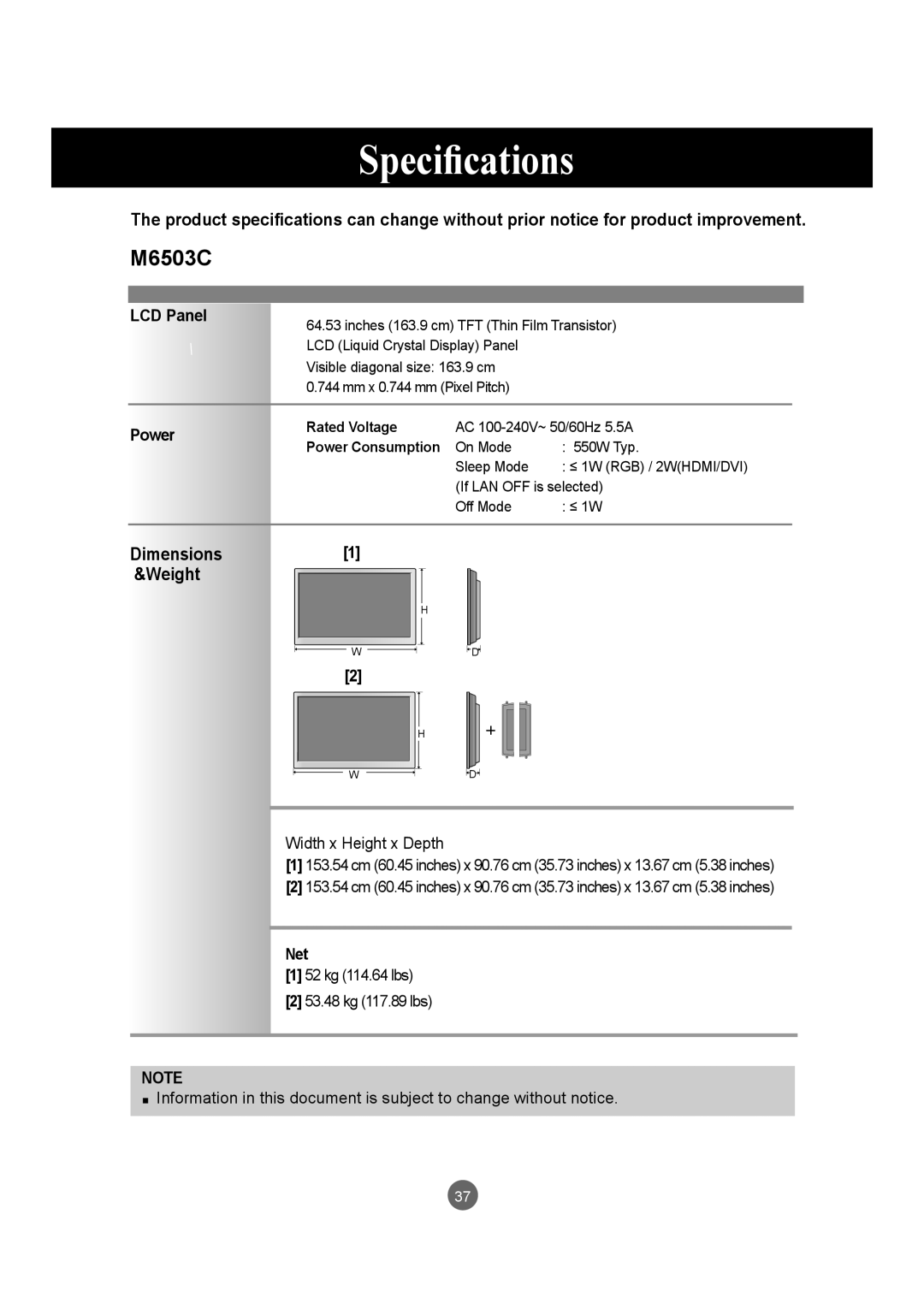 LG Electronics M6503C manual LCD Panel, Power, Dimensions &Weight, Net 