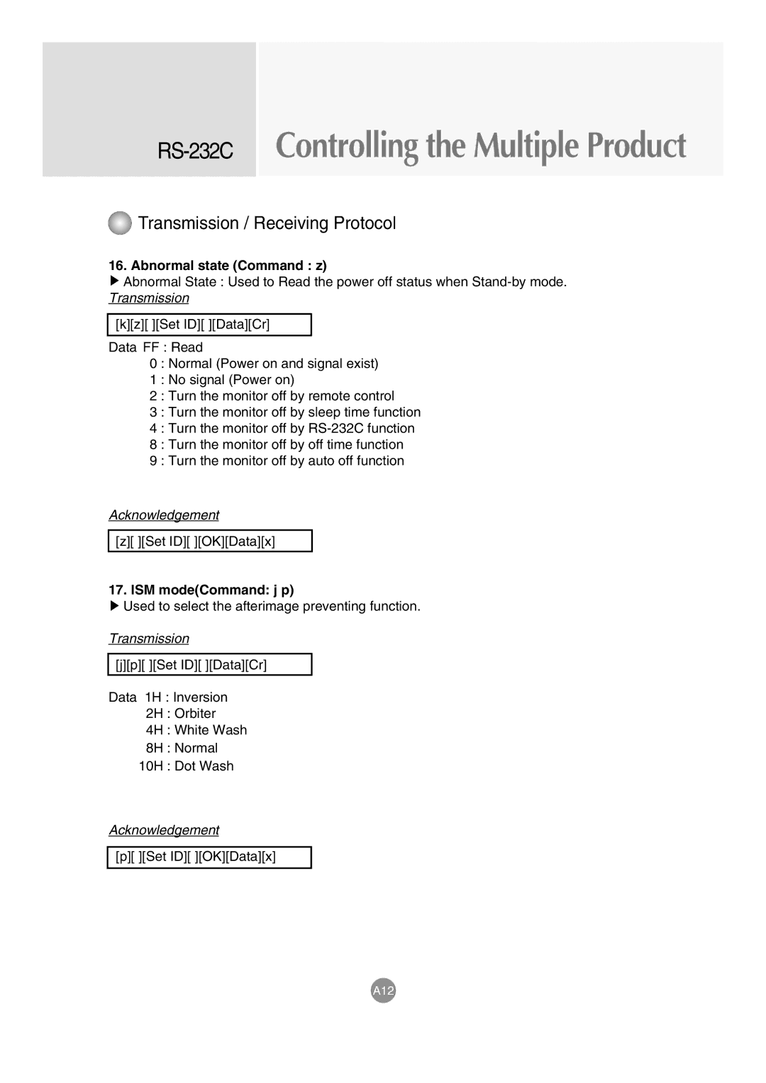 LG Electronics M6503C manual Abnormal state Command z, ISM modeCommand j p 