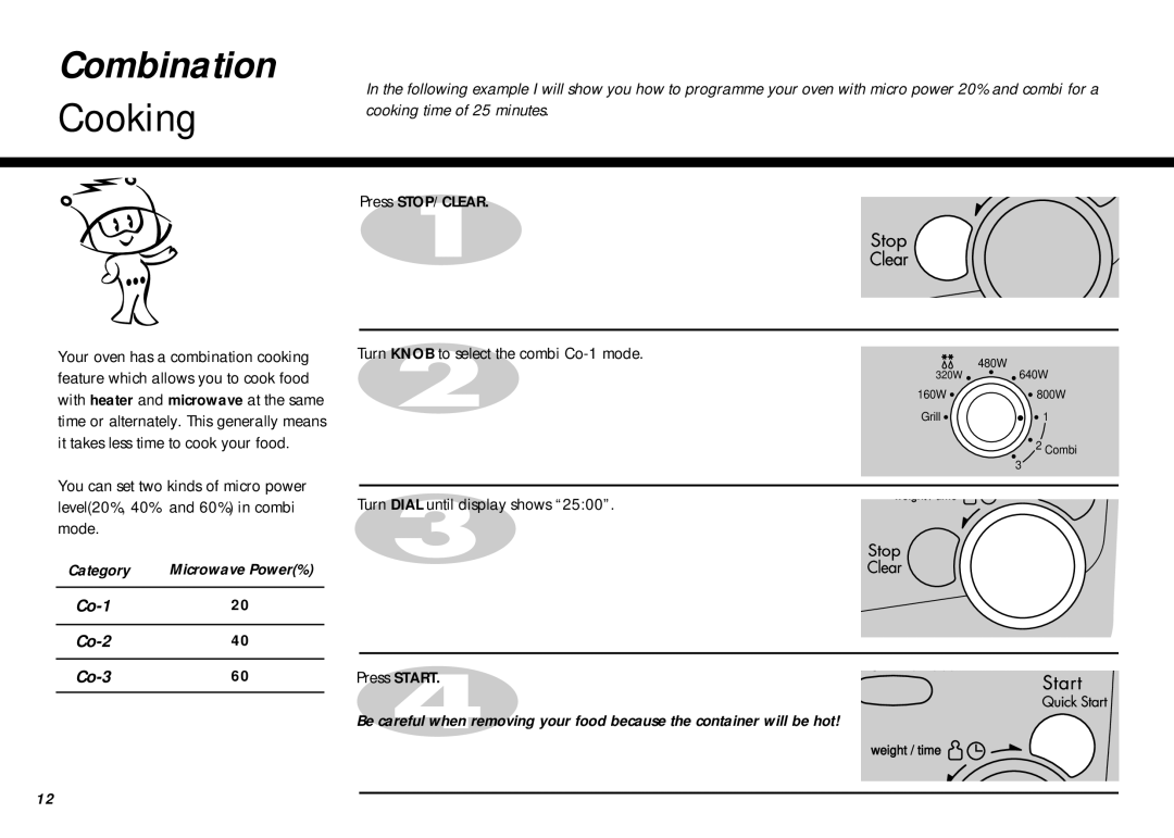 LG Electronics MB-387W owner manual Combination, Press STOP/CLEAR Turn Knob to select the combi Co-1 mode 