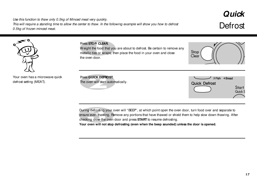 LG Electronics MB-387W owner manual Quick, Defrost setting Meat Oven will start automatically 