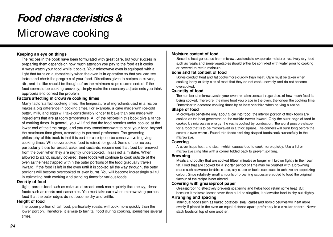 LG Electronics MB-387W owner manual Food characteristics, Microwave cooking 