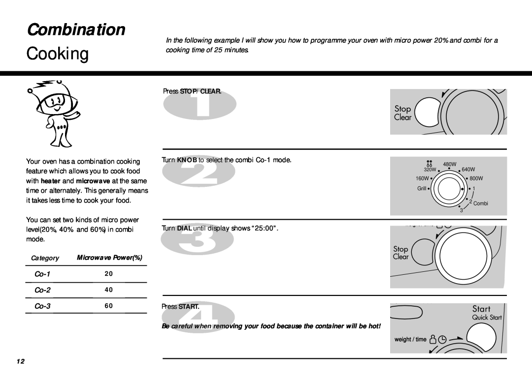LG Electronics MB-387W owner manual Combination, Cooking, Co-120 Co-240 Co-360 