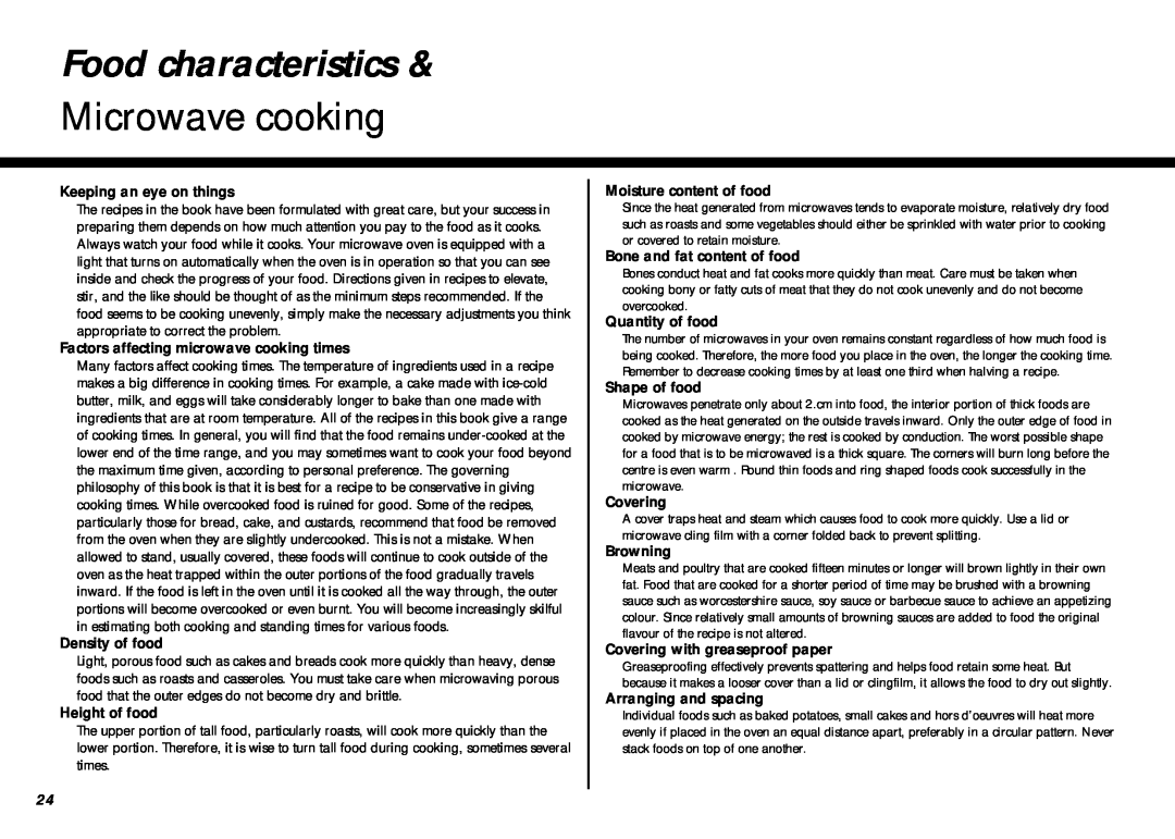 LG Electronics MB-387W owner manual Food characteristics, Microwave cooking 