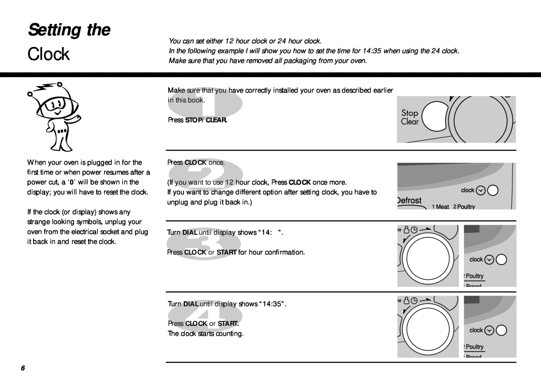 LG Electronics MB-387W owner manual Setting the, Clock, Defrost 