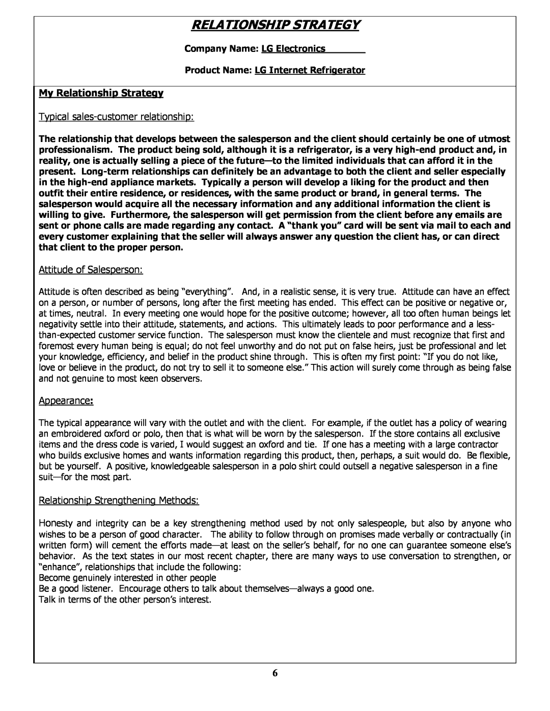 LG Electronics MBA 9120 manual My Relationship Strategy 