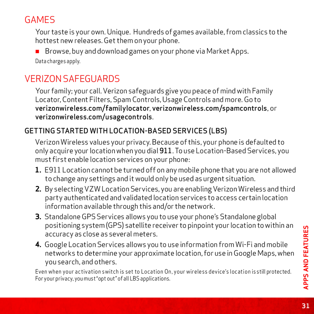 LG Electronics MBM63218201 Rev1.1G manual Games, Verizon Safeguards 