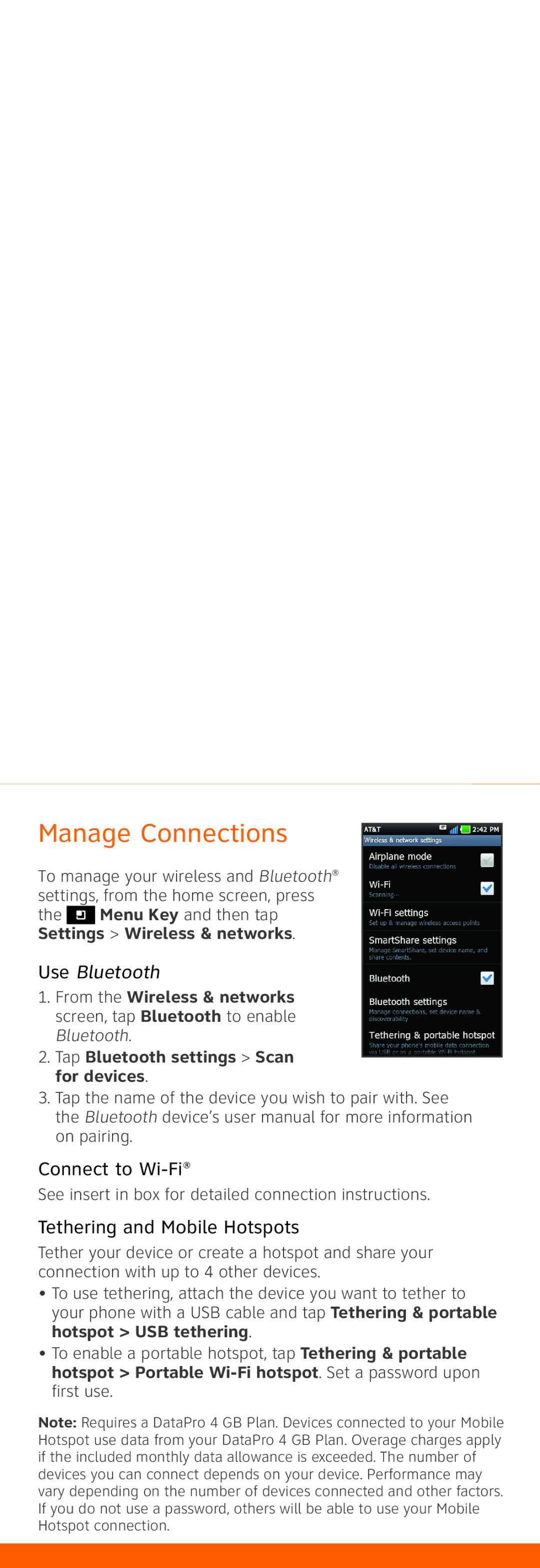 LG Electronics MBM63499701 quick start Manage Connections, Connect to Wi-Fi, Tethering and Mobile Hotspots 