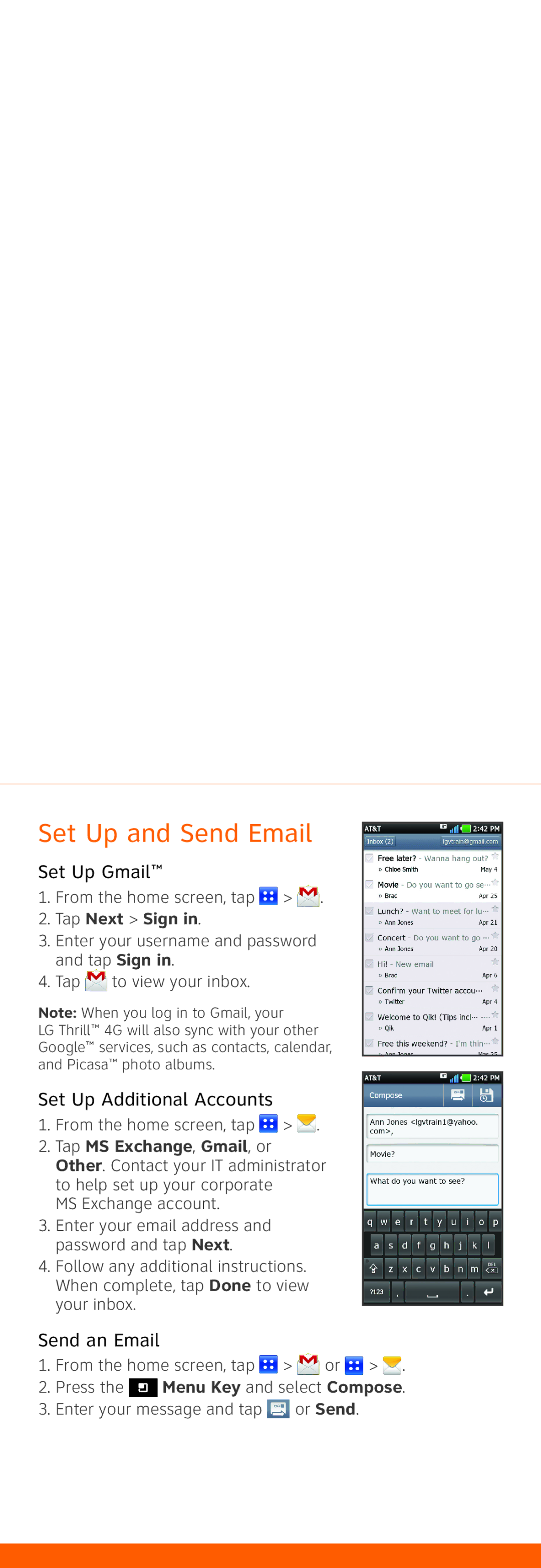 LG Electronics MBM63499701 quick start Set Up and Send Email, Set Up Gmail, Set Up Additional Accounts, Send an Email 