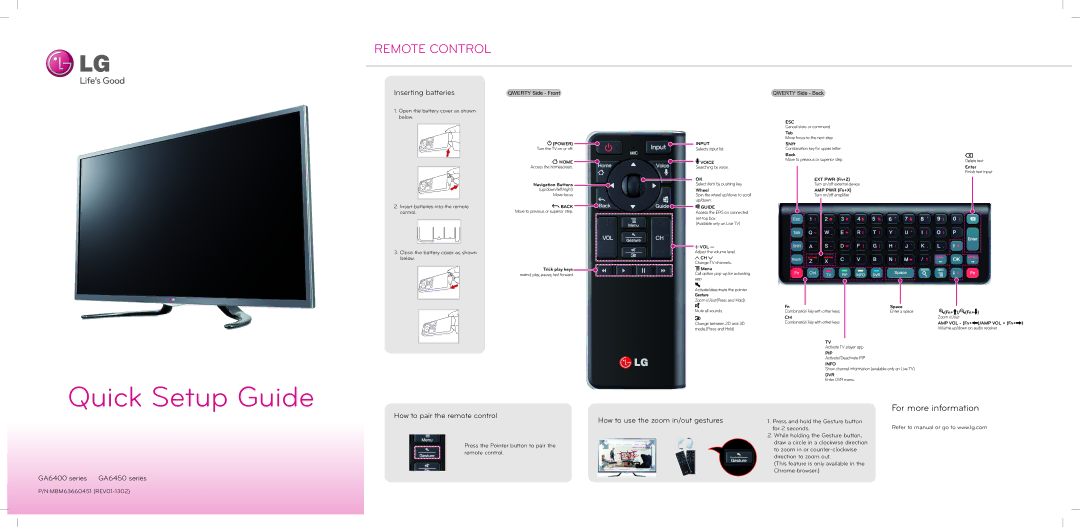 LG Electronics MBM63660451 setup guide Remote Control, For more information 