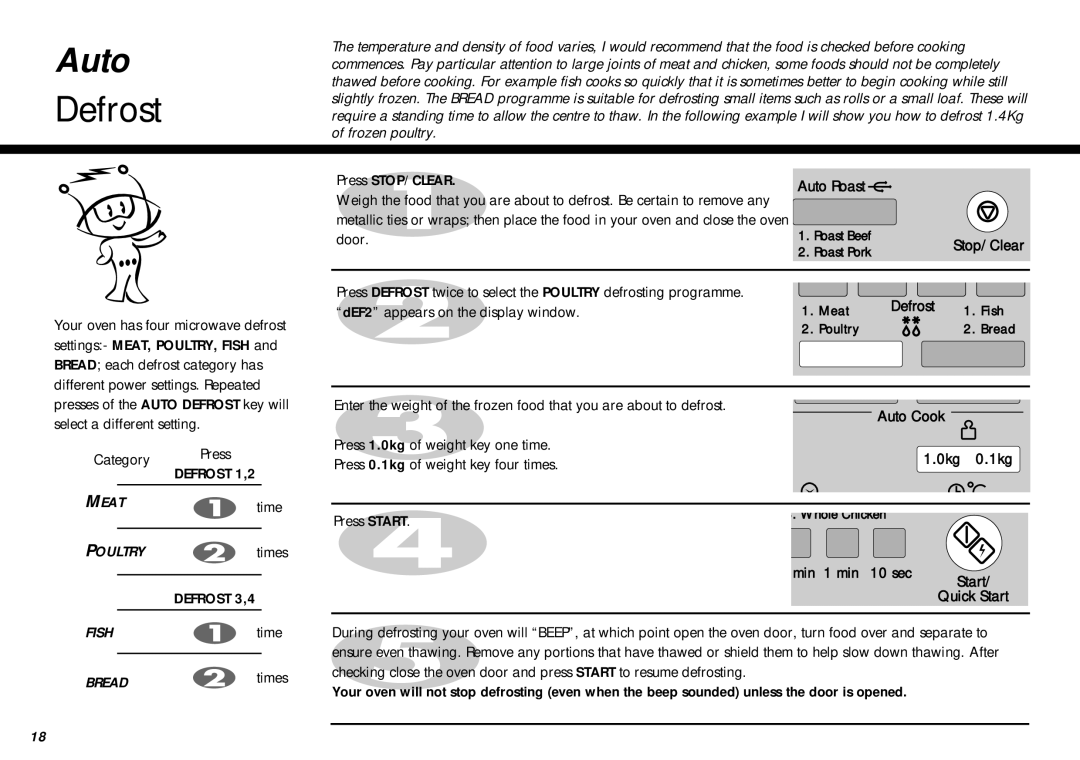 LG Electronics MC-805CLR warranty Auto, Defrost, Category Press, Door, DEF2 appears on the display window 