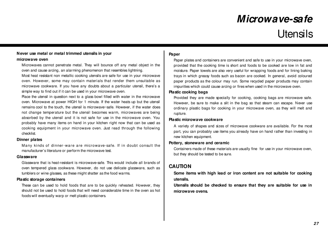 LG Electronics MC-805CLR warranty Microwave-safe, Utensils 