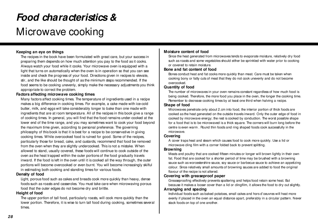 LG Electronics MC-805CLR warranty Food characteristics, Microwave cooking 