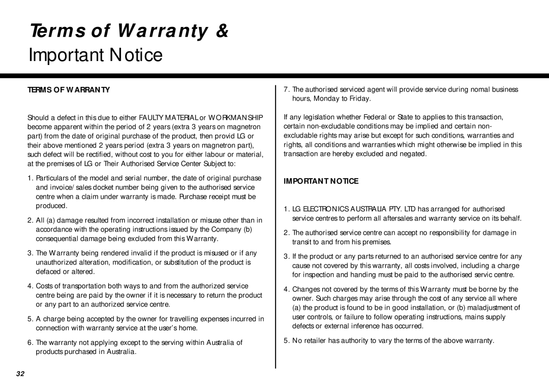 LG Electronics MC-805CLR warranty Terms of Warranty, Important Notice 