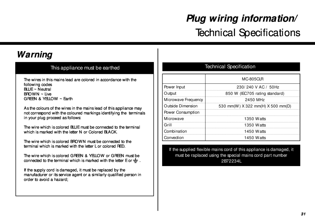 LG Electronics MC-805CLR warranty Plug wiring information/ Technical Specifications, This appliance must be earthed 