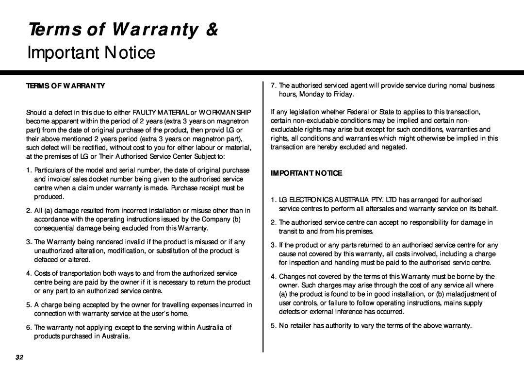 LG Electronics MC-805CLR warranty Terms of Warranty, Important Notice 