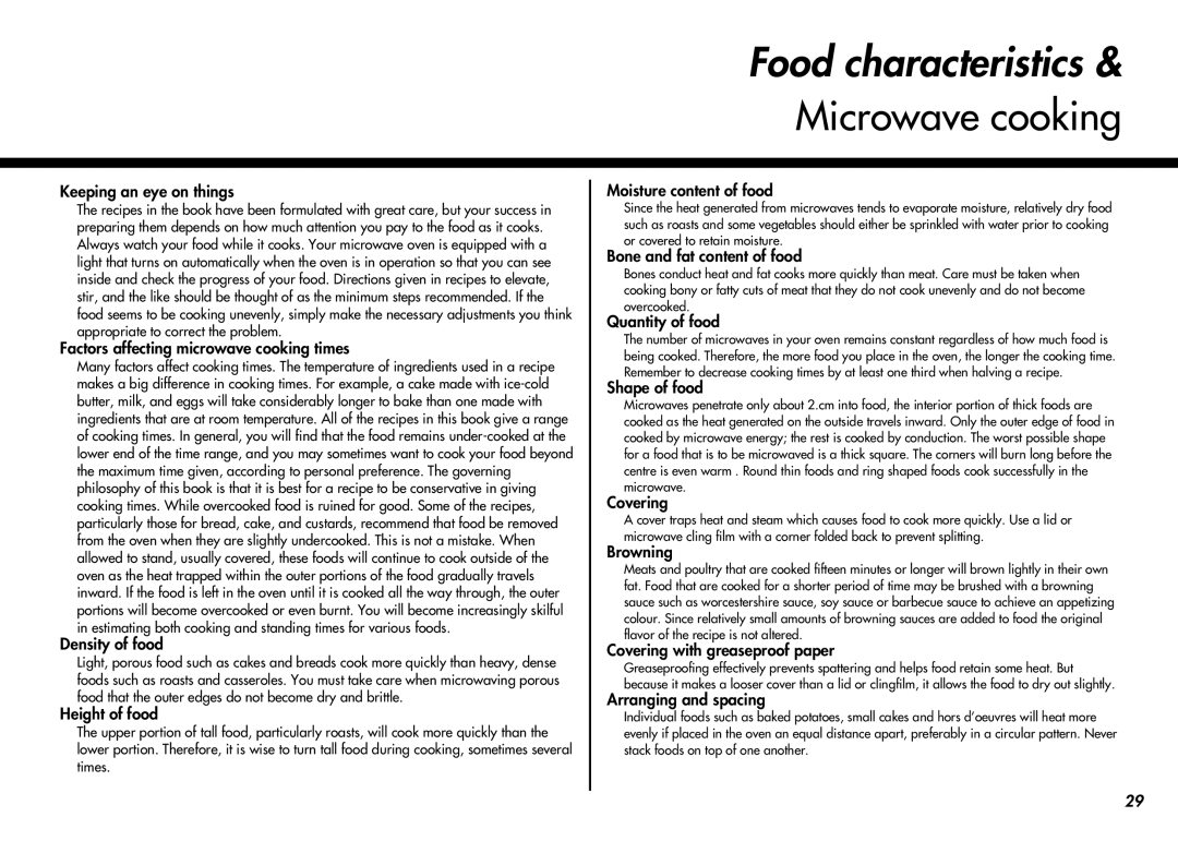 LG Electronics MC-924JA, MC-924JLA owner manual Food characteristics, Microwave cooking 