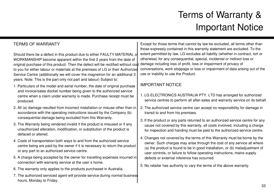 LG Electronics MC-924JA, MC-924JLA owner manual Terms of Warranty, Important Notice 