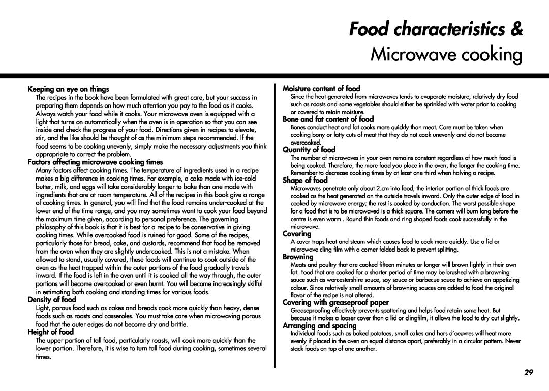 LG Electronics MC-924JA, MC-924JLA owner manual Food characteristics, Microwave cooking 