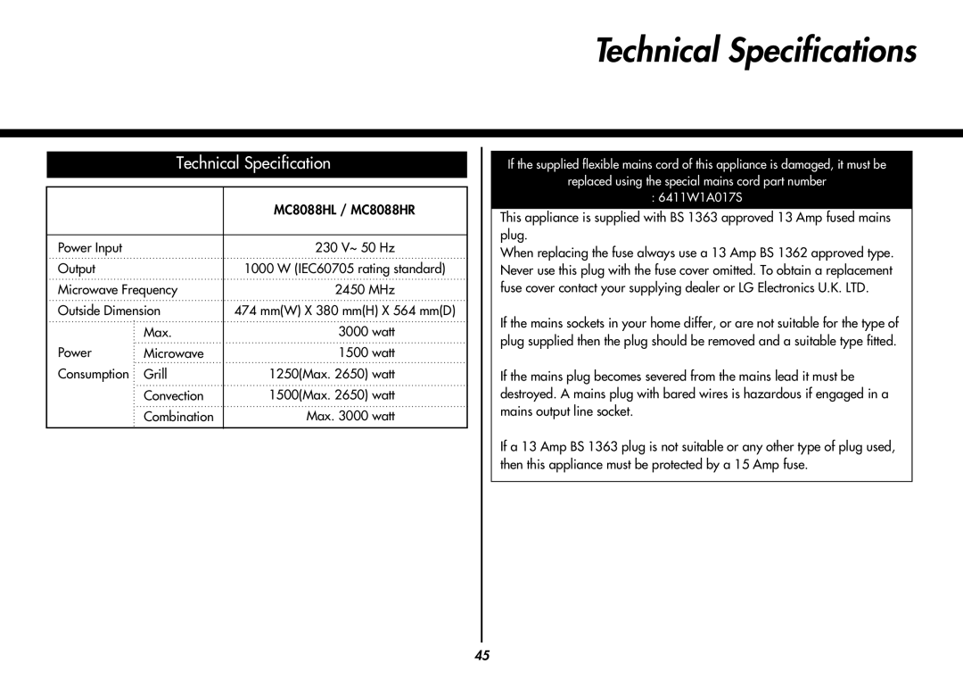 LG Electronics MC8088HL, MC8088HR owner manual Technical Specifications 