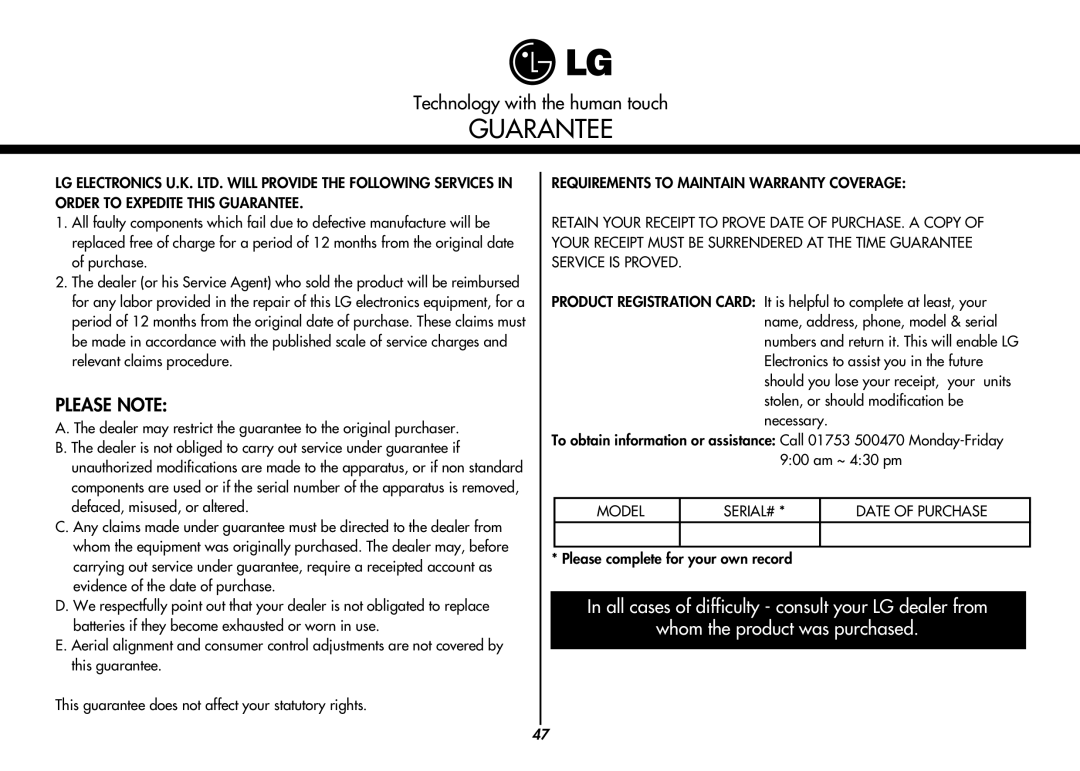 LG Electronics MC8088HL, MC8088HR owner manual Guarantee 