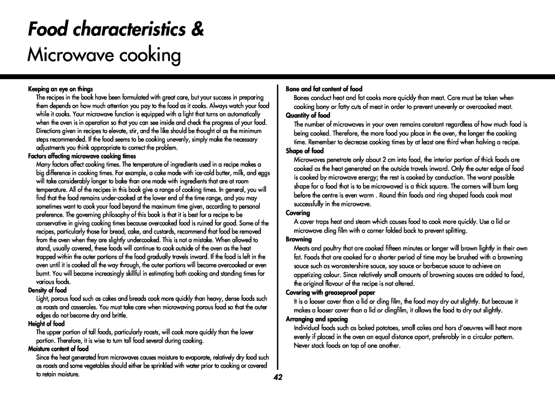 LG Electronics MC8088HR, MC8088HL owner manual Food characteristics & Microwave cooking 