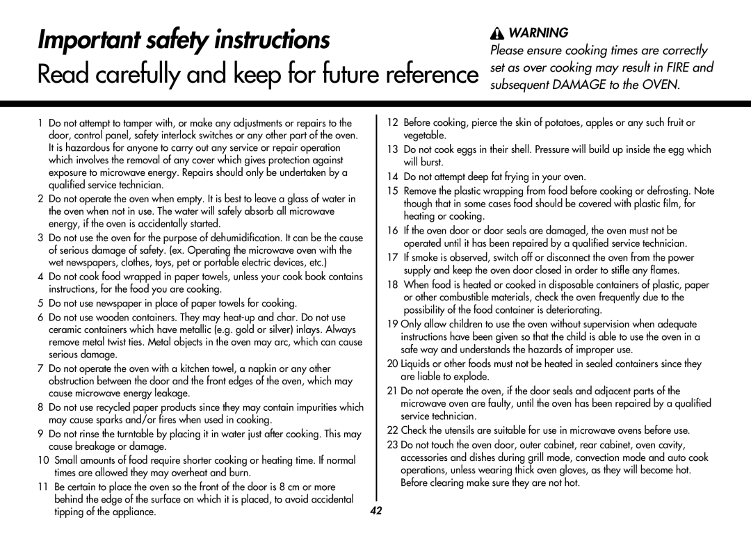 LG Electronics MC8486NL owner manual Important safety instructions, Tipping of the appliance 