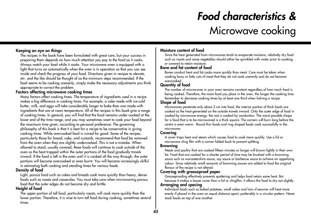 LG Electronics MC8486NL owner manual Food characteristics, Microwave cooking 