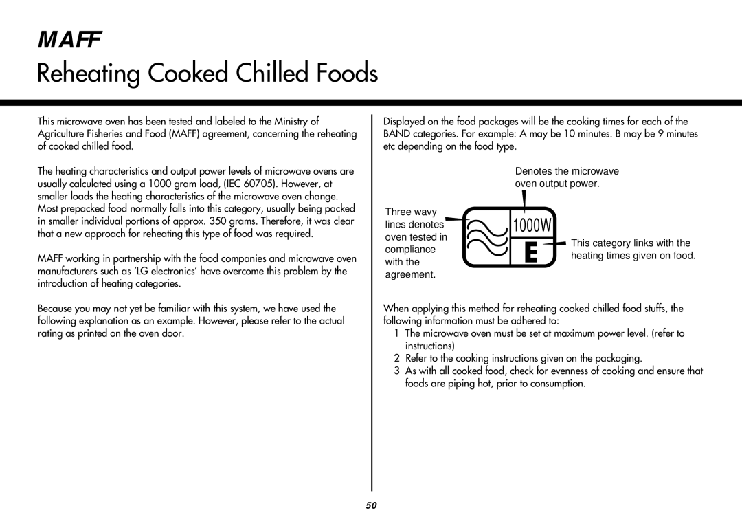 LG Electronics MC8486NL owner manual Reheating Cooked Chilled Foods 